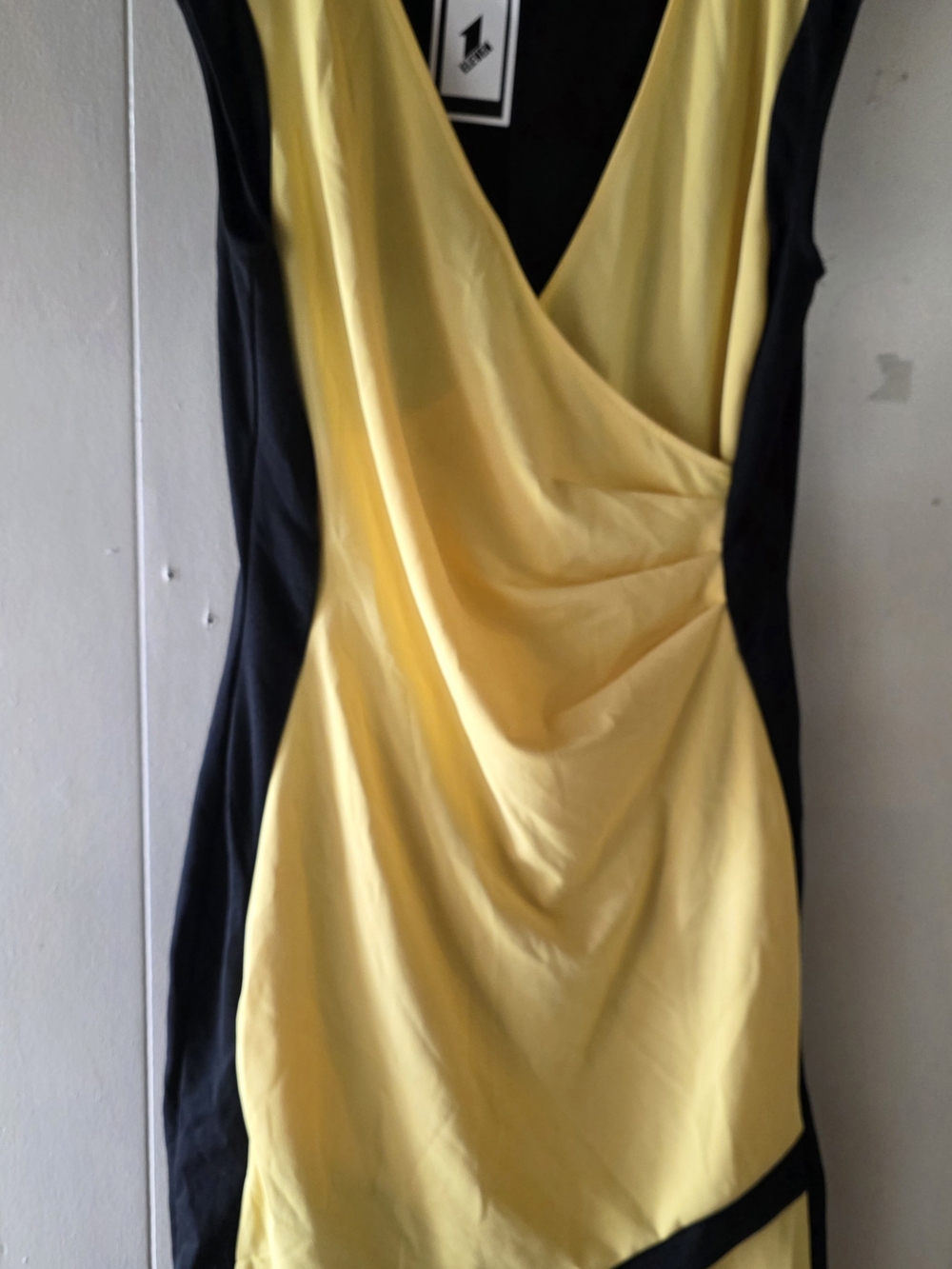 Janette Plus Yellow & Black Color-Block Surplice Faux Wrap Dress. 1X - Picture 2 of 2